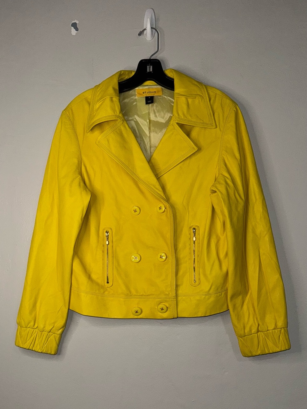 St. John Leather Bright Yellow Double-Breasted Pea Coat